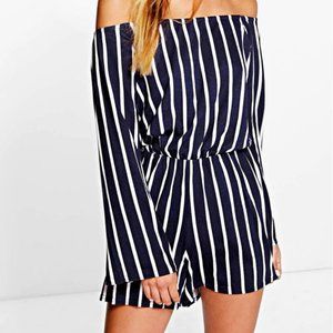 Blue striped cold shoulder romper